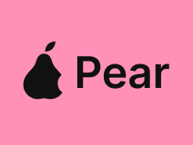 a logo with a pear and a leaf on a pink background