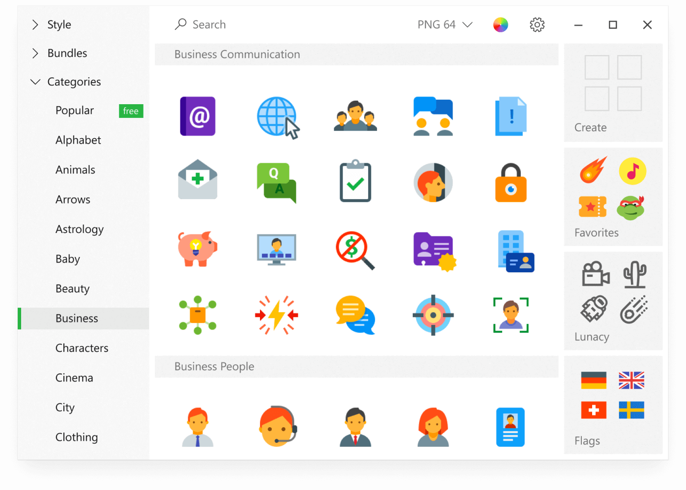 The application resides in status bar and contains 135k free icons for developers and designers. Works offline. Allows to re-color and re-size the icons.