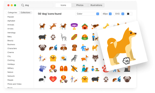 Plus de 1 000 000 d'icônes, de photos et d'illustrations dans une seule application de bureau